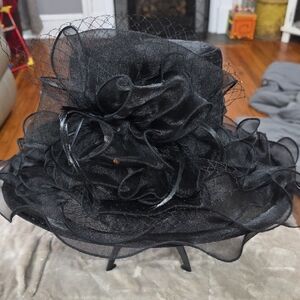Forbusite Women's Church Hat Black Sheer Ruffly Wide Brim Feathers Holidays GUC
